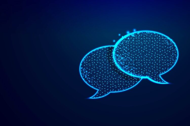 Light blue speech bubbles on dark blue background